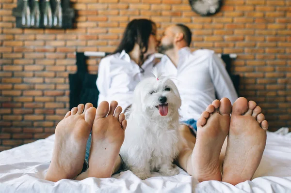 Couple Love Pregnant Woman Her Husband Bed Cuddling Waiting Baby — Stock Photo, Image