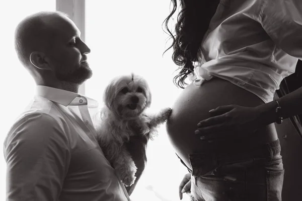 妊娠と人々 の概念 自宅の窓に立っている妊娠中の妻と幸せな男 — ストック写真