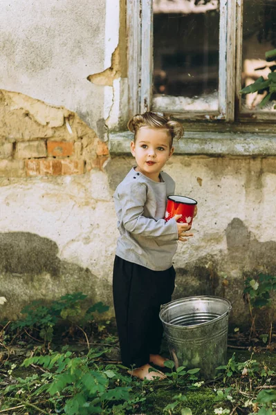 Beautiful Boy White Hair Red Mug Bucket Background Old — Stock Photo, Image