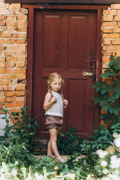 Menina Bonita Fundo Uma Porta Com Cabelo Trançado Duas Fendas — Fotografia de Stock