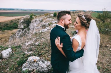 mutlu genç damat ve sarılma ve birbirlerine gülümseyen gelin