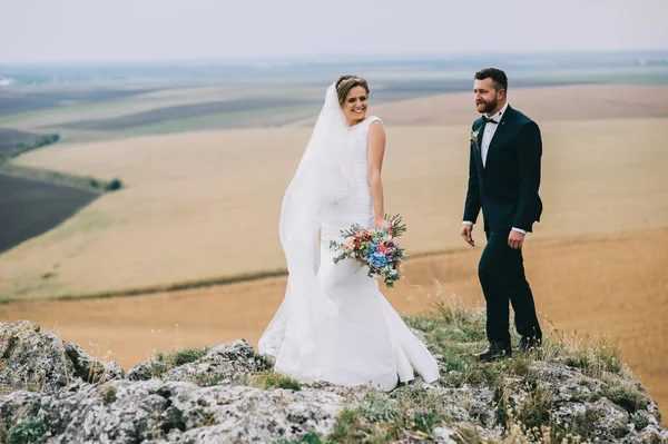 Schöne Glückliche Junge Hochzeitspaar Steht Auf Klippe Und Lächelt — Stockfoto