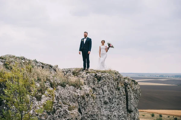 Vackra Glada Unga Brudparet Står Cliff — Stockfoto