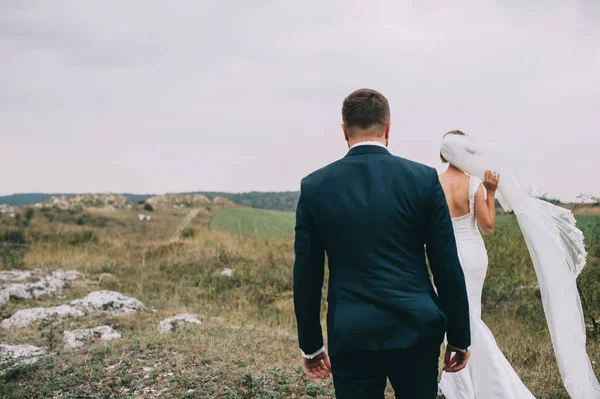 Hermosa Feliz Joven Boda Pareja Caminando Aire Libre —  Fotos de Stock