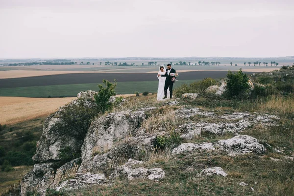 Hermosa Feliz Joven Boda Pareja Caminando Acantilado —  Fotos de Stock