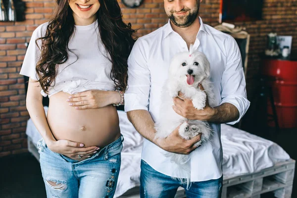 Veselý Pár Vdaná Těhotná Pes Ležící Posteli Noci — Stock fotografie
