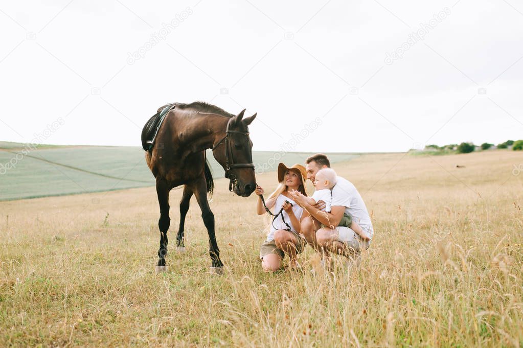 young family have a fun in the field. Parents and child with a horse in the field 