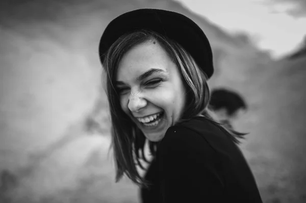 Happy Young Girl Hat Laughing — Stock Photo, Image