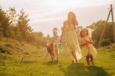 küçük kızı ve onların köpek ile Genç Anne yürüyüş