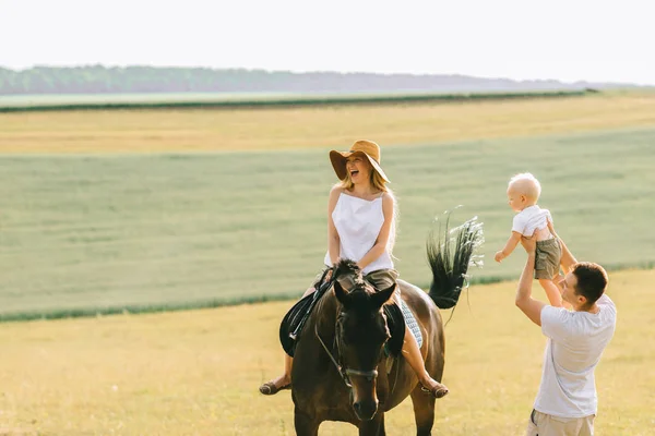年轻的家人在田野里玩得很开心 父母和孩子与马在领域 — 图库照片