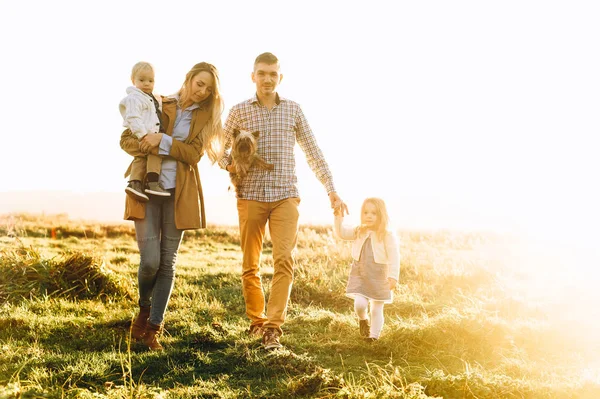 愉快的年轻的家庭玩在绿色领域在日落 — 图库照片