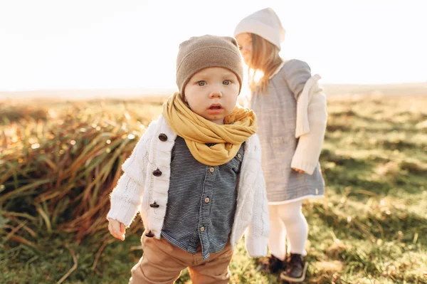 Дети Гуляют Солнечном Зеленом Поле Закате — стоковое фото