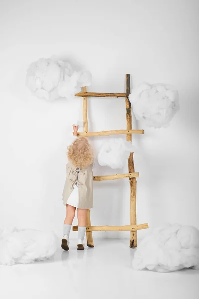 Cute Little Girl Ladder Midst Clouds White Background — Stock Photo, Image