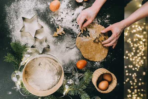 Preparación Galletas Navidad Vista Superior Filtro Retro Aplicado Concepto Navidad — Foto de Stock