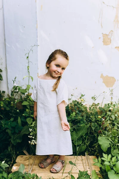 Güzel Kız Beyaz Bir Duvar Arka Planı Yeşil Çimenlerin Üzerinde — Stok fotoğraf