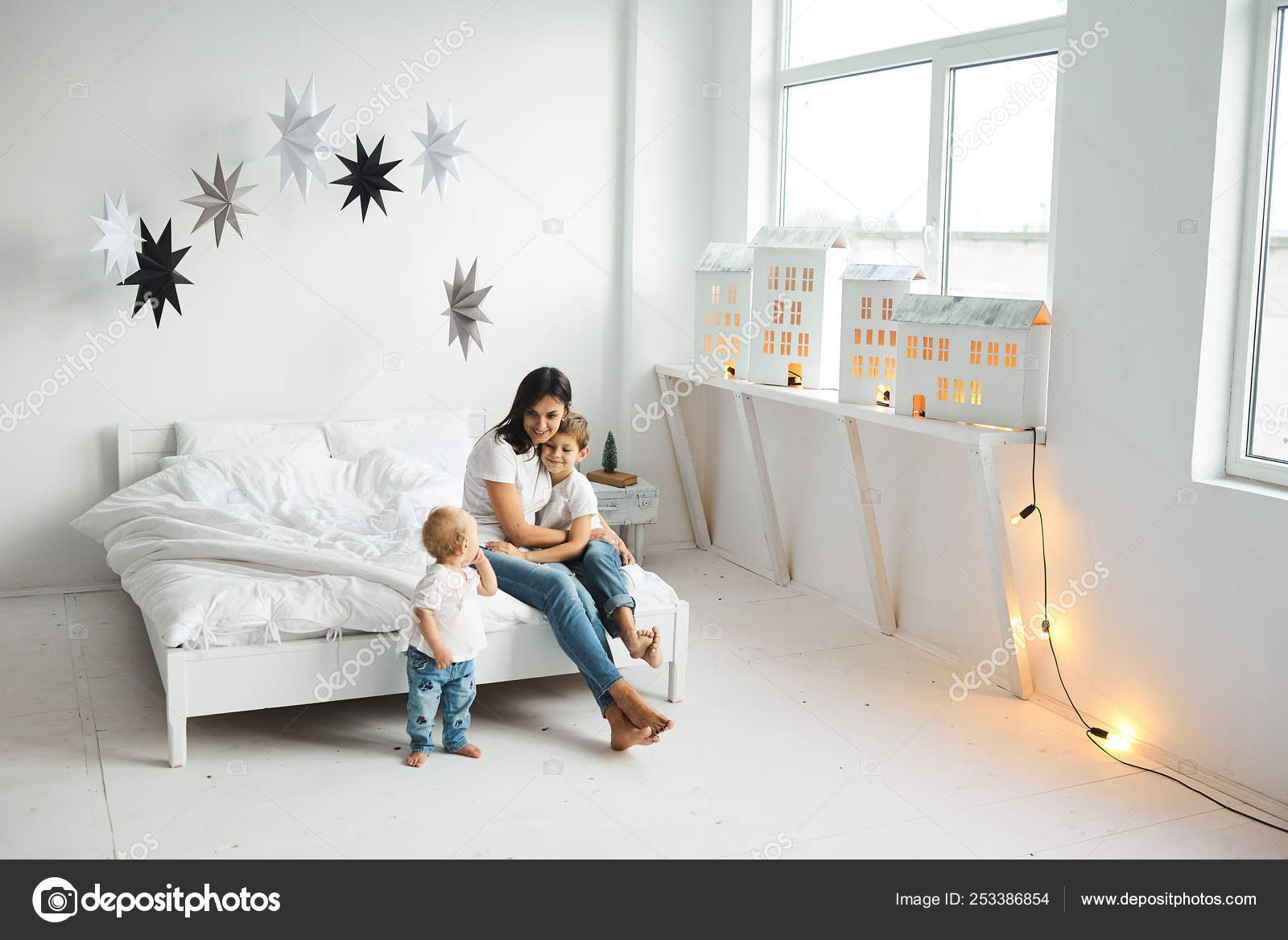 Happy Loving Family Mother Playing Her Children Bedroom