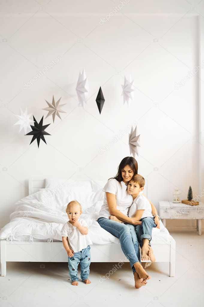 Happy Loving Family Mother Playing Her Children Bedroom