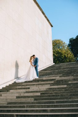 Mutlu romantik evli çift P Eyfel kulesi yakınında sarılma