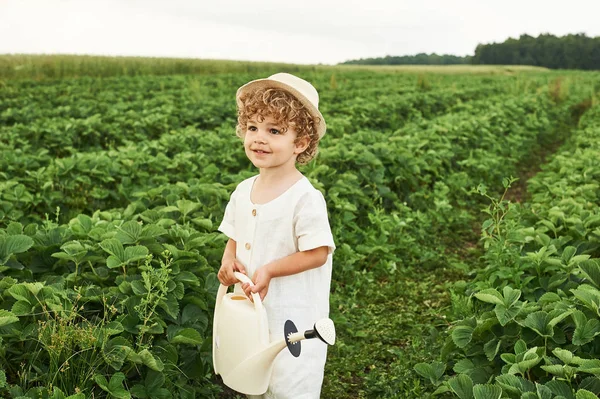 En liten lockig kaukasisk pojke i en vit hatt och linne kläder i — Stockfoto