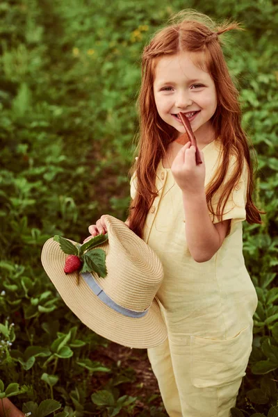 En liten vacker kaukasisk flicka i det gröna fältet skördar en — Stockfoto