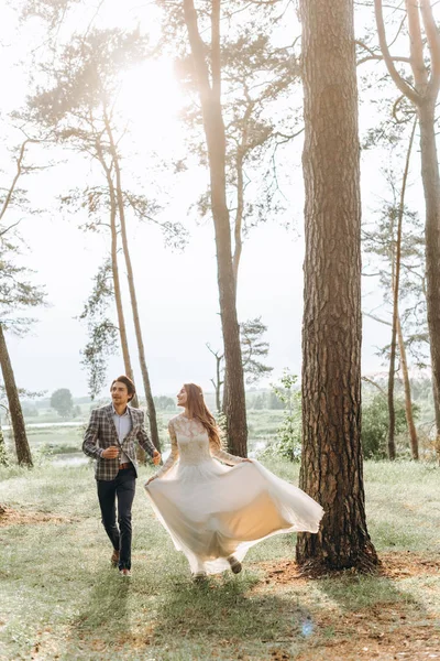 Egy fiatal pár menyasszony sétál a fenyőerdőben. — Stock Fotó