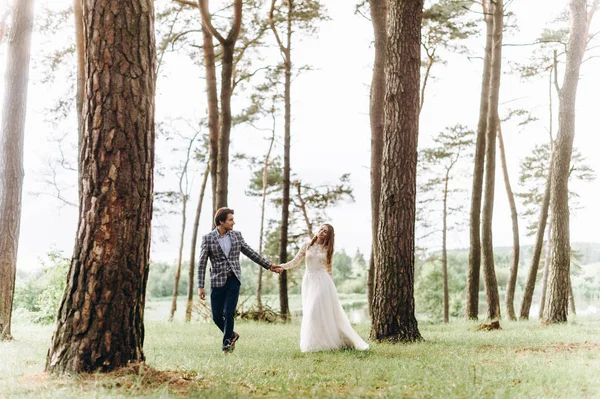 Una joven pareja de novias caminando en el bosque de pinos —  Fotos de Stock