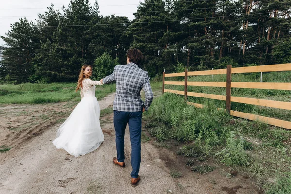 若い花嫁のカップルは楽しさを持っており、フィールドに出て歩く — ストック写真