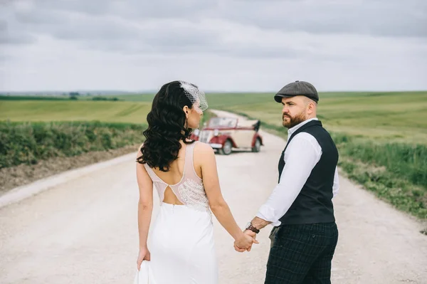 Elegante pareja de boda, novia, novio caminando en un campo nea carretera —  Fotos de Stock