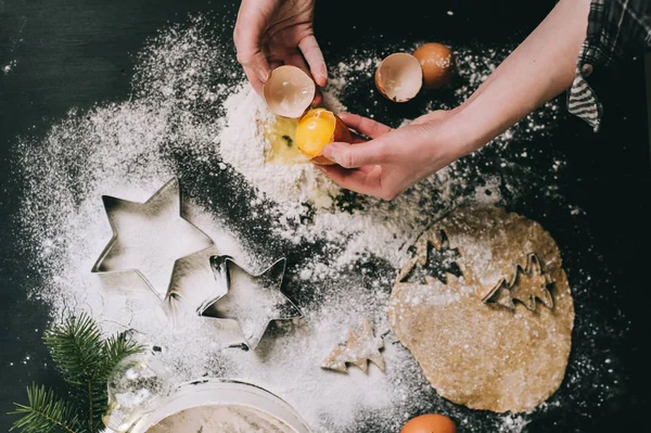 Preparing Christmas cookie, top view, retro filter applied, home — Stock Photo, Image