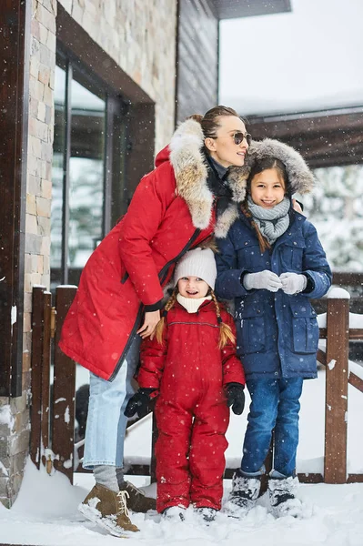 Una giovane madre con i suoi figli albero si divertono e giocare sno — Foto Stock