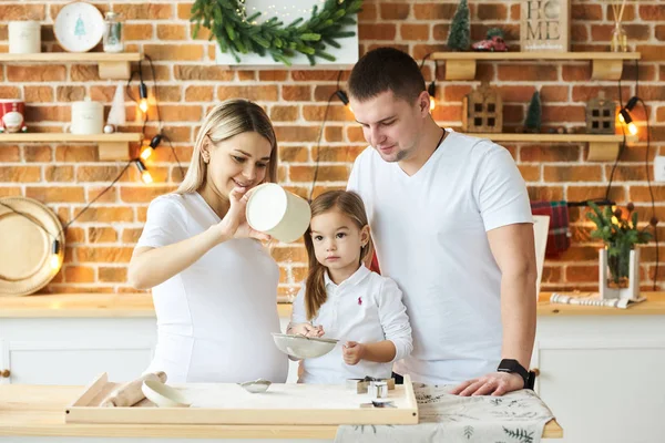クリスマスdで楽しさと料理を持つ若い美しい家族 — ストック写真