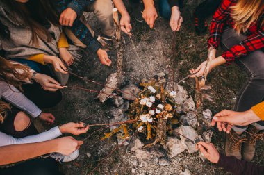 Yüzü olmayan bir grup arkadaş ormanda kamp ateşinde marşmelov kızartıyor. Üst görünüm.
