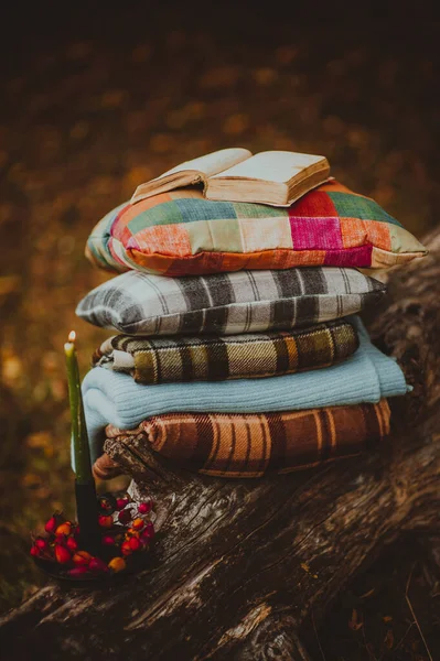 Um livro aberto está em travesseiros e cobertores quadriculados com uma vela ao lado em um tronco de madeira. — Fotografia de Stock