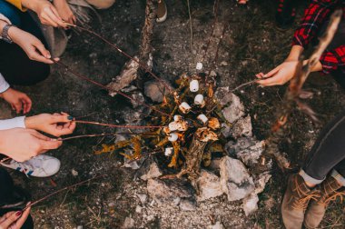 Yüzü olmayan bir grup arkadaş ormanda kamp ateşinde marşmelov kızartıyor. Üst görünüm.