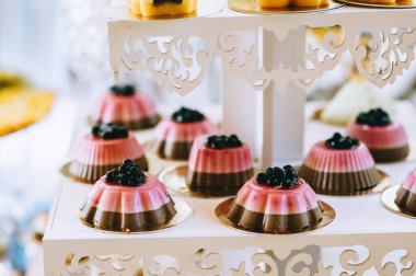 Farklı renkte kekleri, kurabiyeleri, pastaları, jölesi ve meyveleri olan düğün şekerleri..