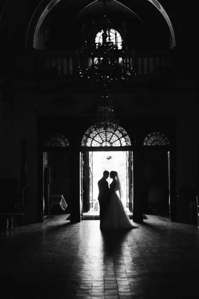 Silhouettes of the bride and groom at the front door indoors. — Stock Photo, Image