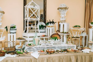 Güzel dekore edilmiş yemek sofrası. Farklı atıştırmalıklar ve aperatiflerle..