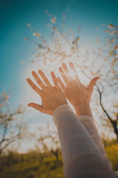 Manos humanas cubriendo la brillante luz del sol que pasa a través de los dedos. — Foto de Stock