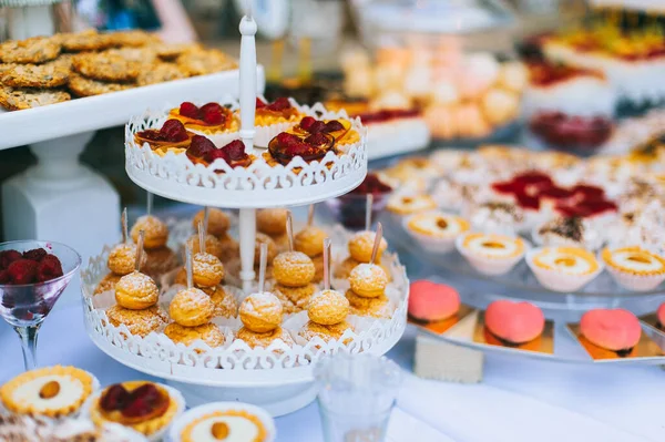 Wedding candy bar with different colored bright cupcakes, macaroons, cakes, jelly and fruits. — Stock Photo, Image