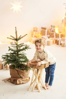 Yakışıklı kıvırcık çocuk Noel ağacını beyaz bir odada süsledi.