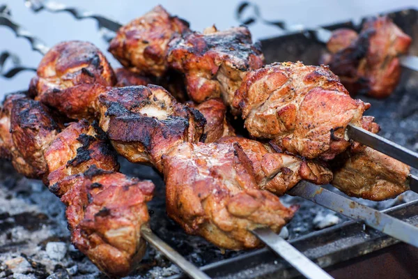 Färskt kött på stål spett — Stockfoto