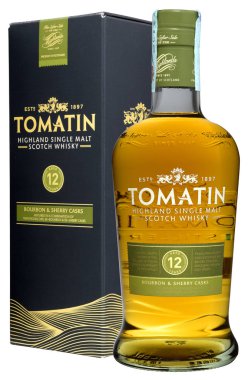 Venedik - Ağustos 2018. Şişe viskisi Tomatin 12 yaşında 70cl, % 43 Vol.