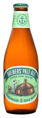 Venedik, İtalya - Ağustos 2019. Amerikan bira Şişesi Anchor Brewers 'Pale Ale Citra Hop Blend 35,5cl, 5,3% Vol.