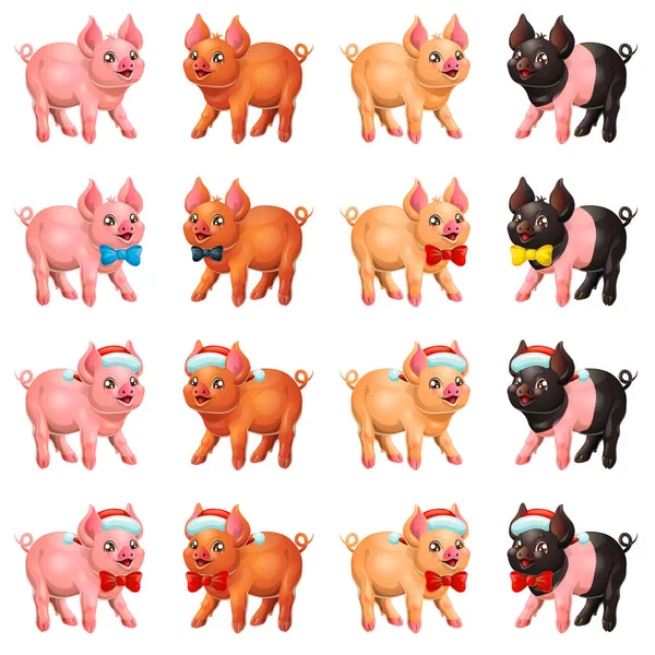 Set de cerdos juguetones con arco y gorra — Vector de stock
