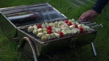 Renkli sebze şişleri doğada taşınabilir bir kamp barbeküsünde kızartılıyor.