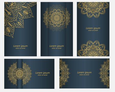 Mavi arka planda altın bir mandala. Etnik süslemeleri olan beş lüks arka plan. Kartpostal, davetiye ve broşür için asil tasarım. Paketleme için zarif tasarım