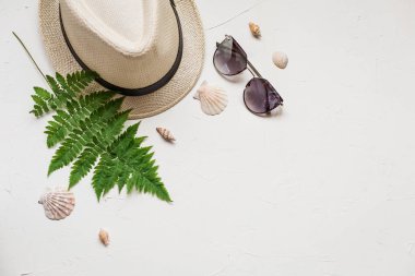 Yaz düz bir şapka ve yeşil fern, Kızıl Deniz yıldızı, deniz kabuklarını ve gözlük beyaz beton zemin üzerinde yatıyordu.