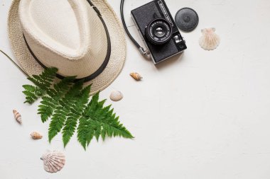 Yaz düz bir şapka ve yeşil fern, Kızıl Deniz yıldızı, deniz kabuklarını ve gözlük beyaz beton zemin üzerinde yatıyordu.