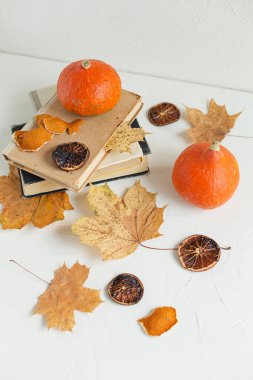Sonbahar bileşimi kuru sarı akçaağaç yaprakları, Turuncu kabak ve beyaz arka plan üzerinde eski kitaplar