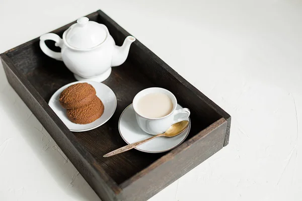 Dark Wooden Tray Tea Set Chocolate Oatmeal Cookies English Tea — Stock Photo, Image